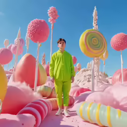 the man is standing in front of an assortment of fake candy