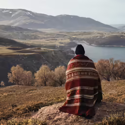 a man sitting on top of a hill next to a river
