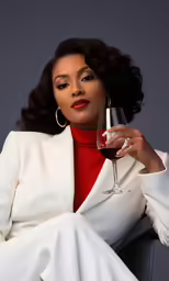 a woman sits in a chair with her arm on the leg of a chair holding a glass