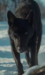 a close up of a dog in the snow