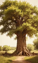 large, old tree with green leaves on a dirt path in a landscape,large tree on grassy area next to dirt road