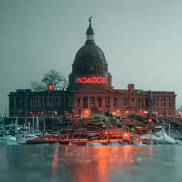a large building in front of the shore