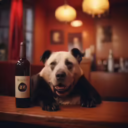 a dog that is sitting next to a bottle of wine