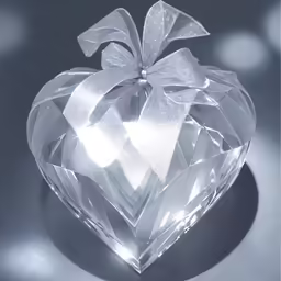 a large clear crystal heart with a bow