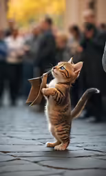a cat playing with a umbrella on the street
