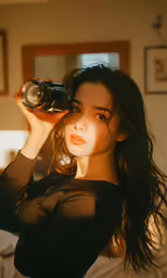 a woman posing for a photo with a camera