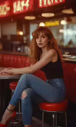 a red headed woman sitting in a restaurant booth