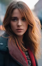 a girl is standing in a street with long red hair