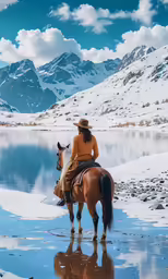 woman on a horse sitting by the water in the mountains