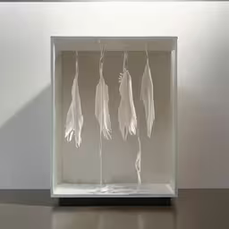 three white feathers hang from a wire inside a glass box