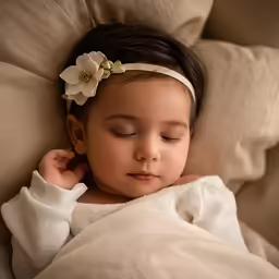 a child asleep with a flower in her hair