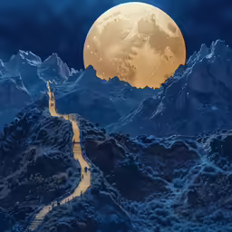 a full moon rises above mountains as an art project is finished