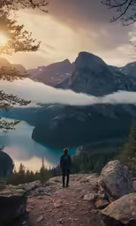 man in hiking gear standing on the cliff looking at the valley