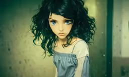 a doll with blue eyes wearing a dress
