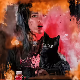 a woman with a cat t - shirt, behind a glass display