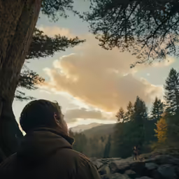 a person with a jacket on looking up into the sky