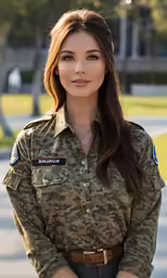 a woman in a military uniform standing near a field