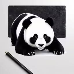 there is a black and white panda bear sitting next to a chalkboard