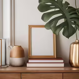 a houseplant with a banana leaf, vase, mirror and small wooden shelf next to it