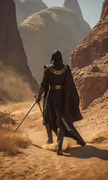 a man in a black robe is walking through desert