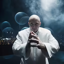 a bald man in white suit, wearing a white shirt and tie and hands folded in prayer