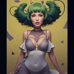 an illustrated girl with green hair in a lingerie