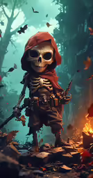 a skeleton in a red hood stands on the rocks in front of a fire