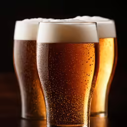 beer glasses with bubbles sitting on a table