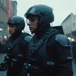 two men dressed in black and green standing on a street