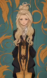 anime style blonde girl wearing an elaborate dress and holding a black umbrella