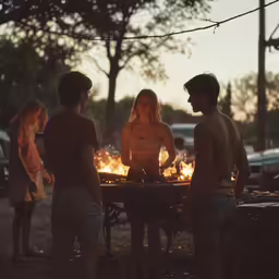 people are standing around and cooking while two people stand near the fire