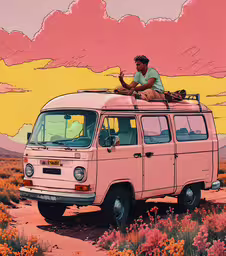 a pink van with a man sitting on top on top of it in a flower field,the man is sitting on top of the van
