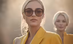a woman standing next to another woman wearing sunglasses