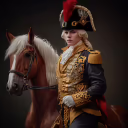 the young man in the military uniform is riding his horse