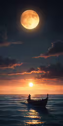 a man in a boat is silhouetted by the moon,a person rowing a boat on the water under a giant moon
