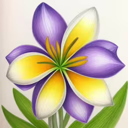 a drawing of a purple and yellow flower with green leaves,a large purple and yellow flower with green leaves on a white surface