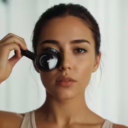 young female holding up an open camera lens to take her photo