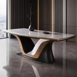 a white table with black accents sits in front of a window