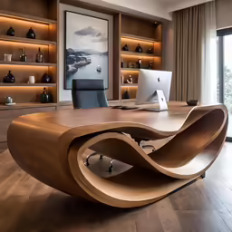 a contemporary and stylish wood desk features a rounded, wavy shaped base