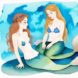 two pretty young mermaids sitting next to each other