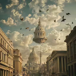 the view of a city with lots of birds flying over it