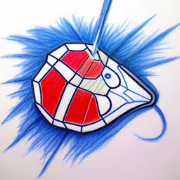 a drawing of a ball ornament with bright blue hair on the bottom