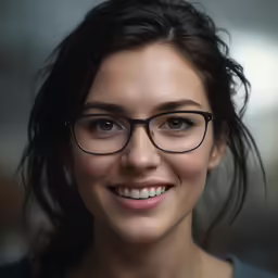a woman with glasses smiling at the camera