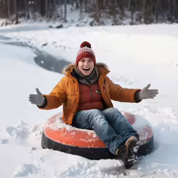a child sits on top of a tube covered in snow