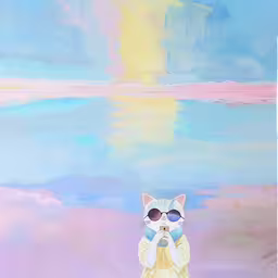a cat dressed in white is standing and staring up while wearing sunglasses,a cat is standing on top of a large painting