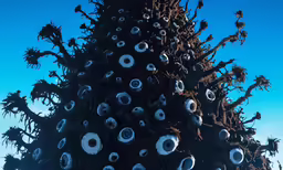 a huge, scary looking tree has fake eyeballs all over it