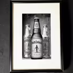 a framed photograph of two beer bottles