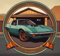 a picture of the classic car is in an oval shape,a car is painted in a circular frame