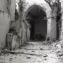 an old ruined building with a bunch of plants on the side of it