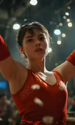 a woman in red top throwing a white object